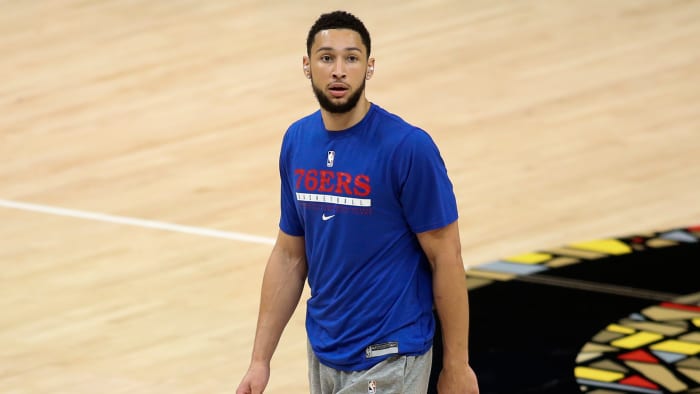 Philadelphia 76ers guard Ben Simmons at midcourt.